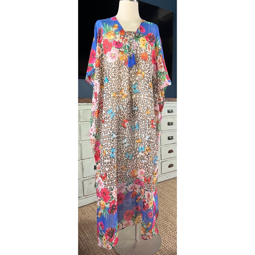 Johnny Was Bella Lace Up Kaftan Maxi Dress S/M